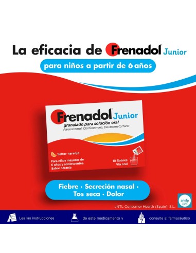 Frenadol Junior Antigripal, Alivio para niños, Sabor Naranja, Vía Oral, 10 sobres